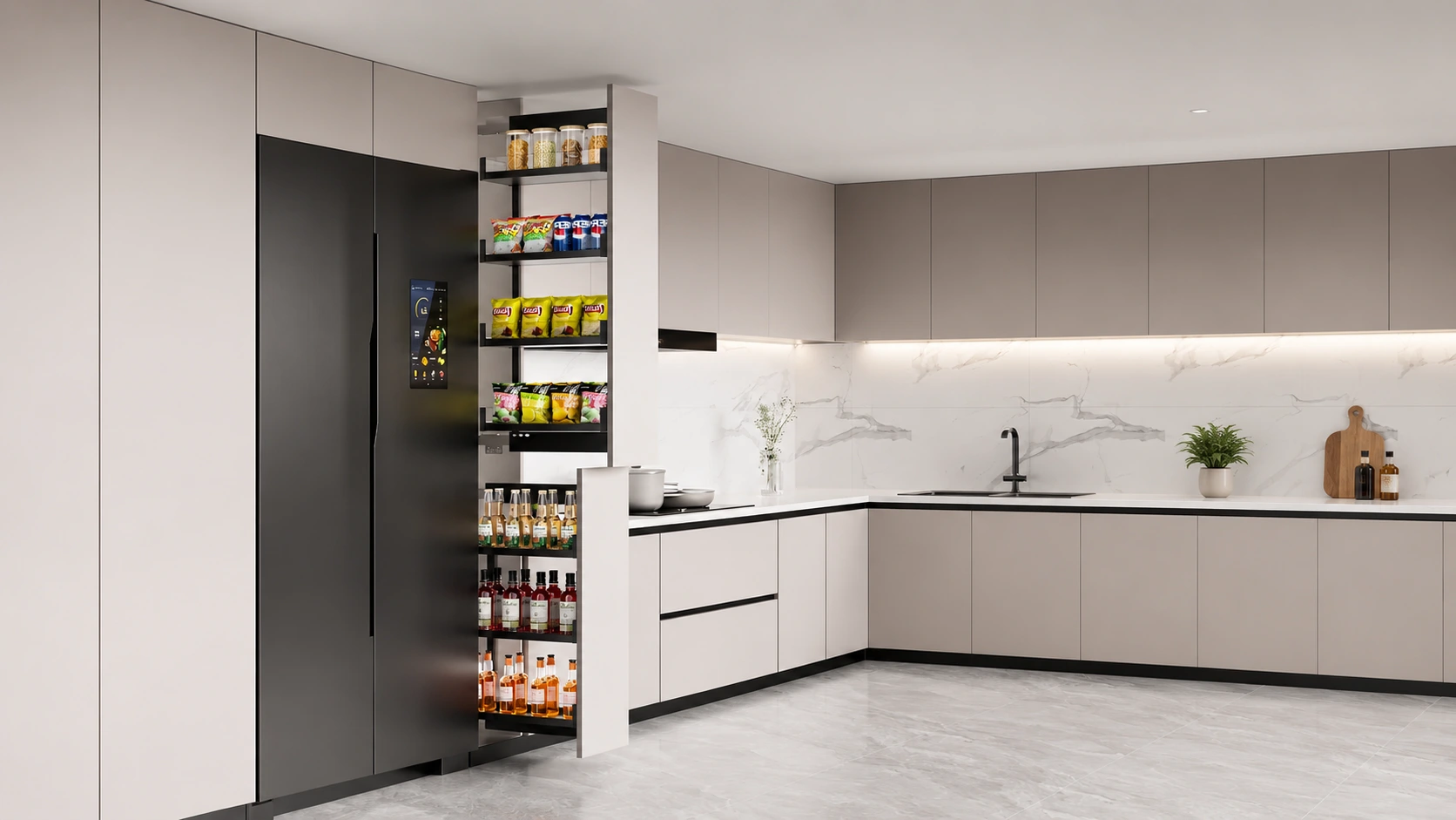 Tall cabinet system with concealed door straighteners for villa dry kitchens