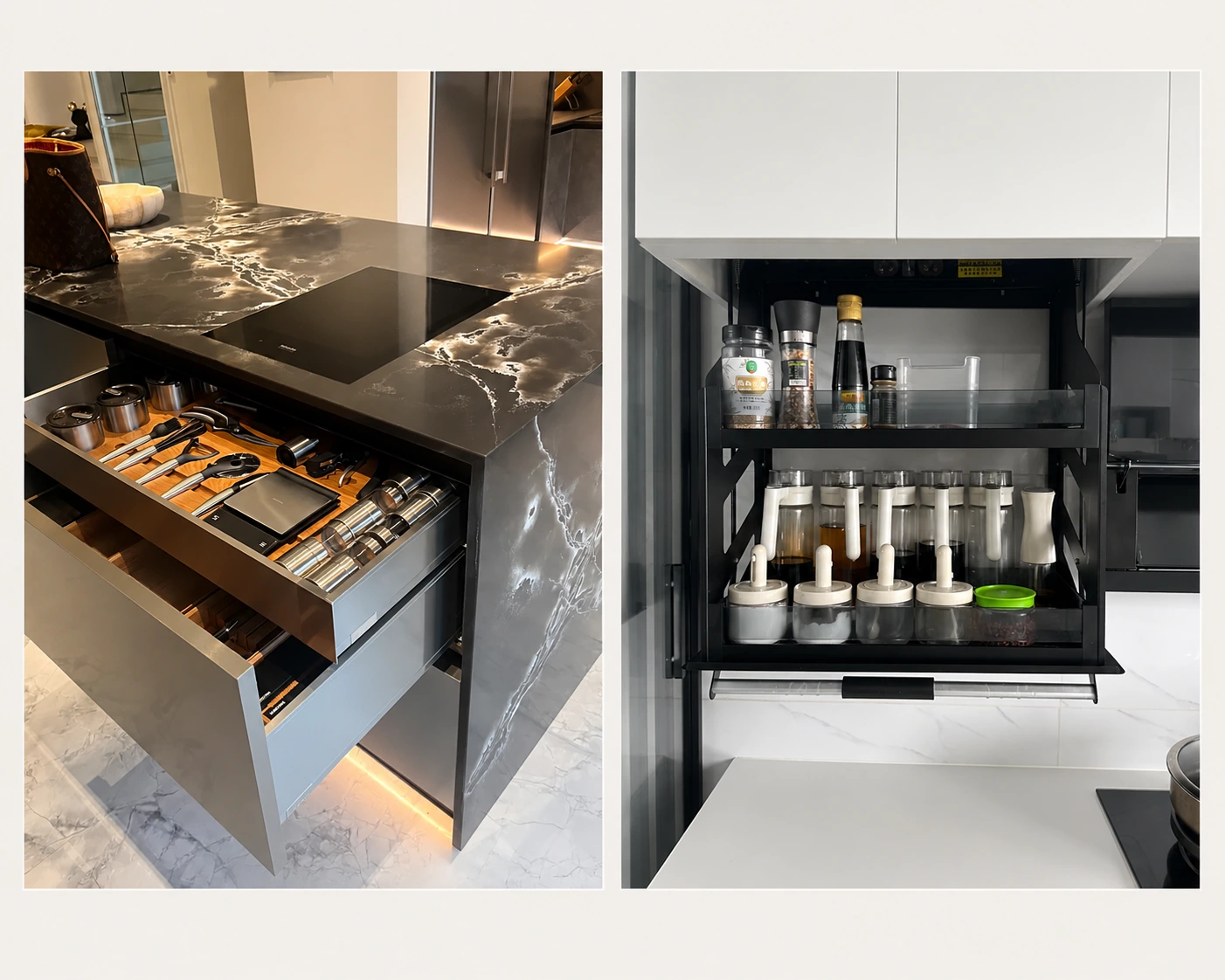High-frequency use zones including tableware, cookware and seasoning organizers