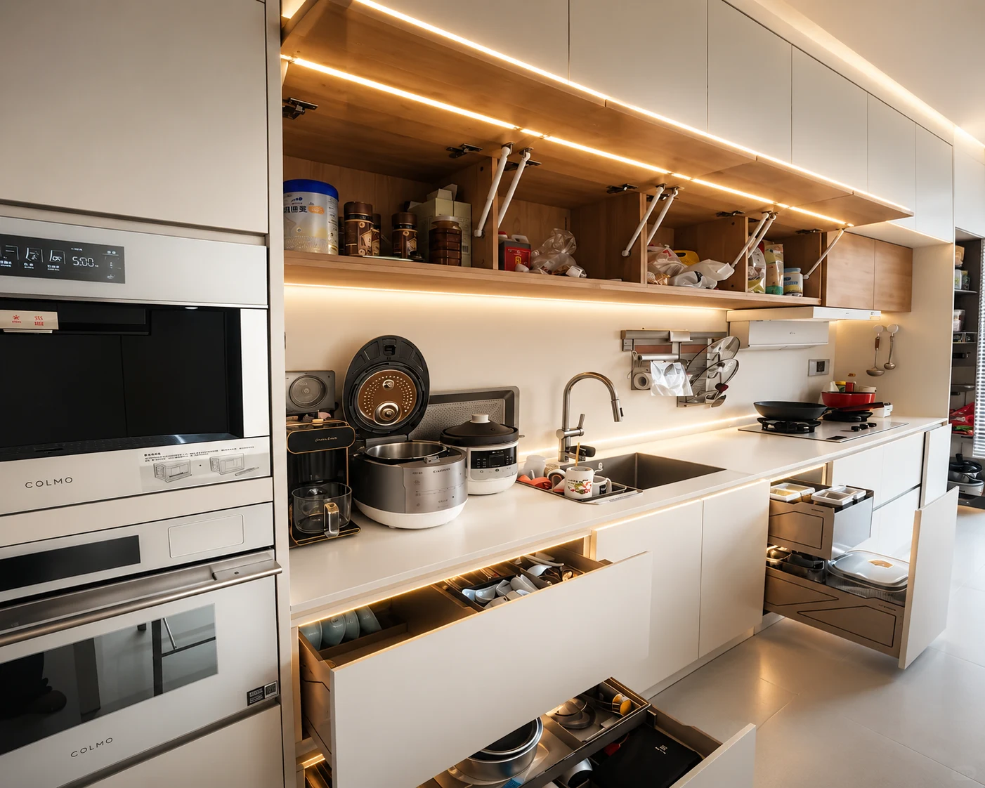 Cooking and prep zones with integrated appliance columns and lighting