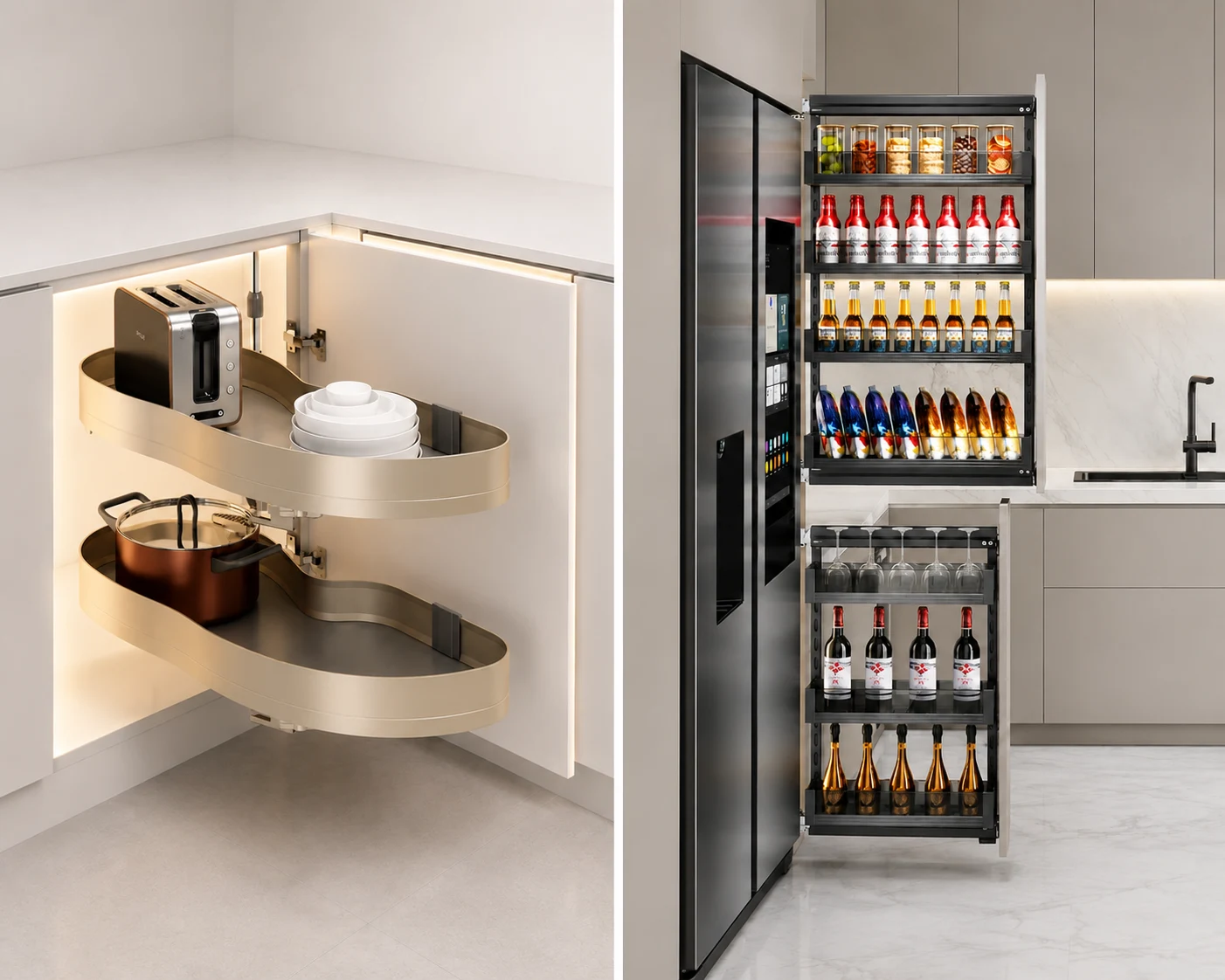 Space-optimized zones featuring kitchen island storage and tall pantry towers