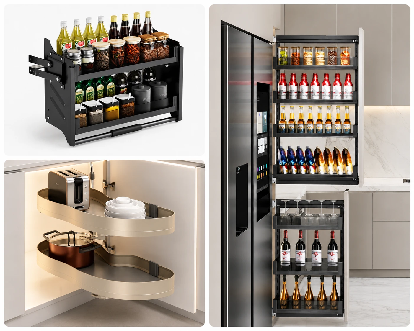 Intelligent wall cabinet lifts and LeMans blind corner pull-out solutions