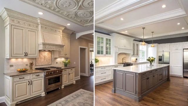 Comparison of outdated vs modern cabinet crown molding styles in residential kitchens