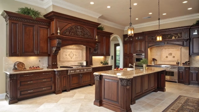 Outdated kitchen with heavy ornate cabinet crown molding and traditional design