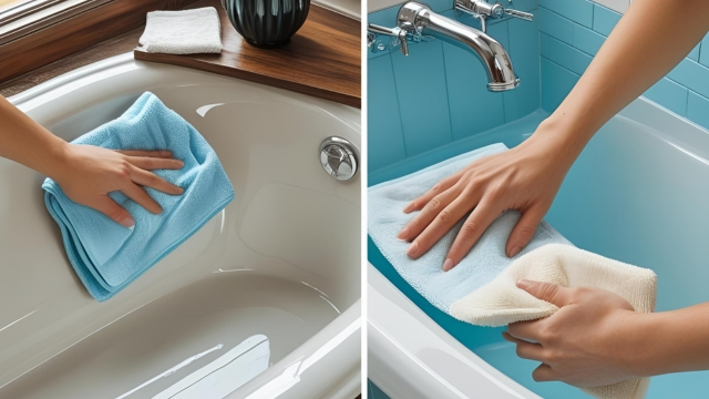 Side-by-side comparison of cleaning a porcelain and an acrylic bathtub