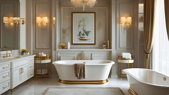 Luxury bathroom with gold-accented acrylic bathtubs and elegant decor.