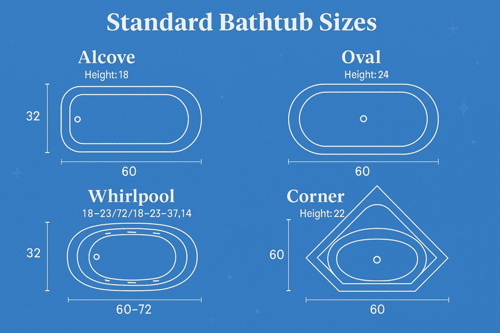 Various 2 person bathtub sizes with measurements for reference. 