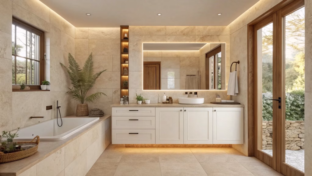 Neutral granite bathroom countertop in white and gray tones, featuring Moon White and Steel Grey finishes for a clean, modern, low-maintenance look.