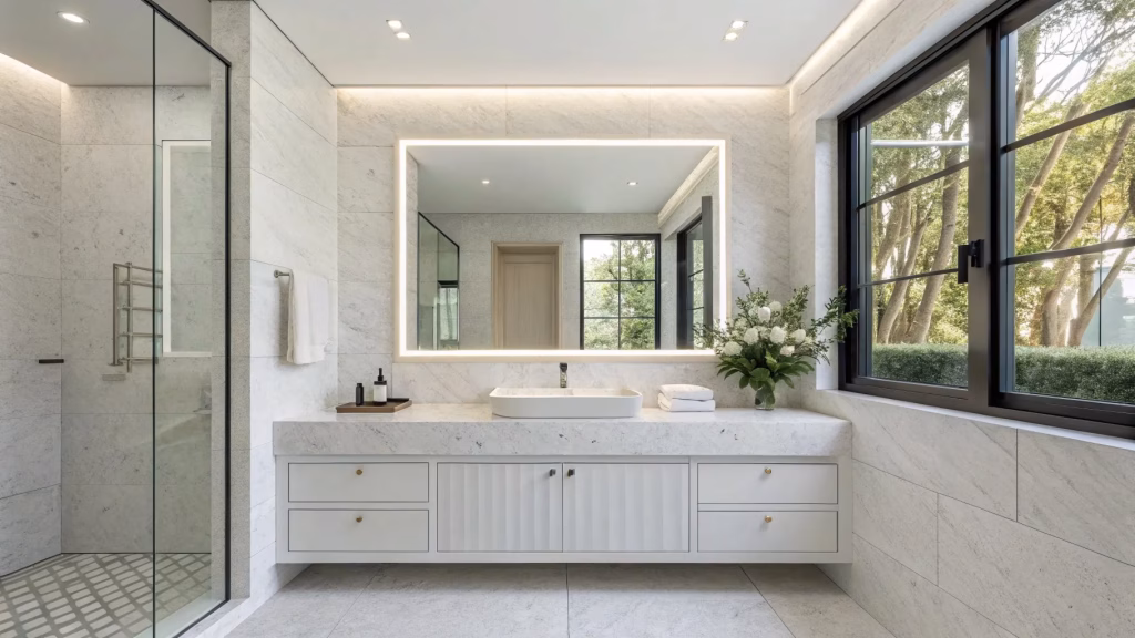 White granite bathroom countertop reflecting light in a spa-like bathroom, creating a clean, fresh, and spacious feel.