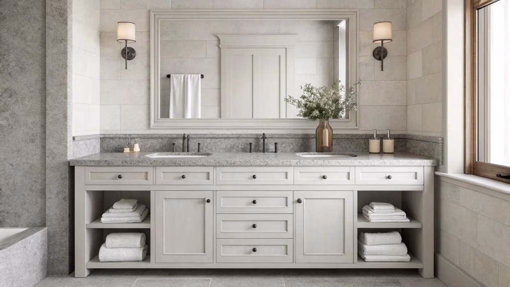 Timeless gray and white granite bathroom countertop with a clean, neutral look that remains stylish and versatile over the years.