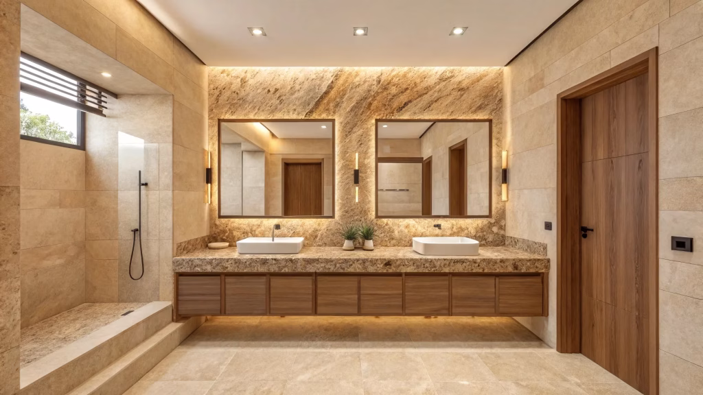 Tan, brown, and gray granite bathroom countertop with mottled patterns that hide water spots and dust for easy maintenance.