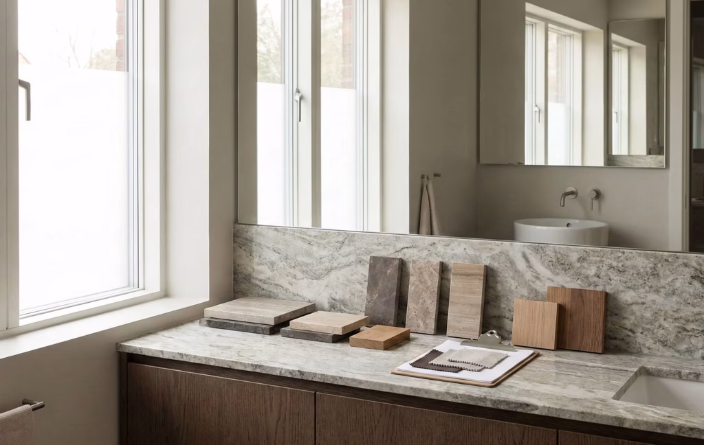 Granite countertop sample placed in a bathroom to compare colors under natural and artificial lighting, helping choose the right stone for the space.
