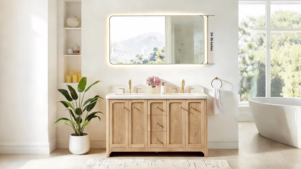 Single-sink bathroom showing a rectangular mirror centered above the vanity; mirror height marked 24–36 inches and mirror width shown 2 inches narrower than the vanity top for balanced proportions.