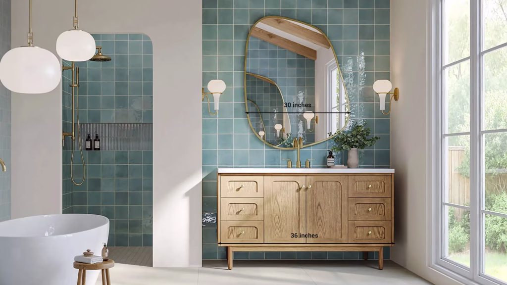 36-inch bathroom vanity with a centered rectangular mirror (30 or 34 inches wide), showing a 1–3 inch border on each side for a balanced, intentional look.