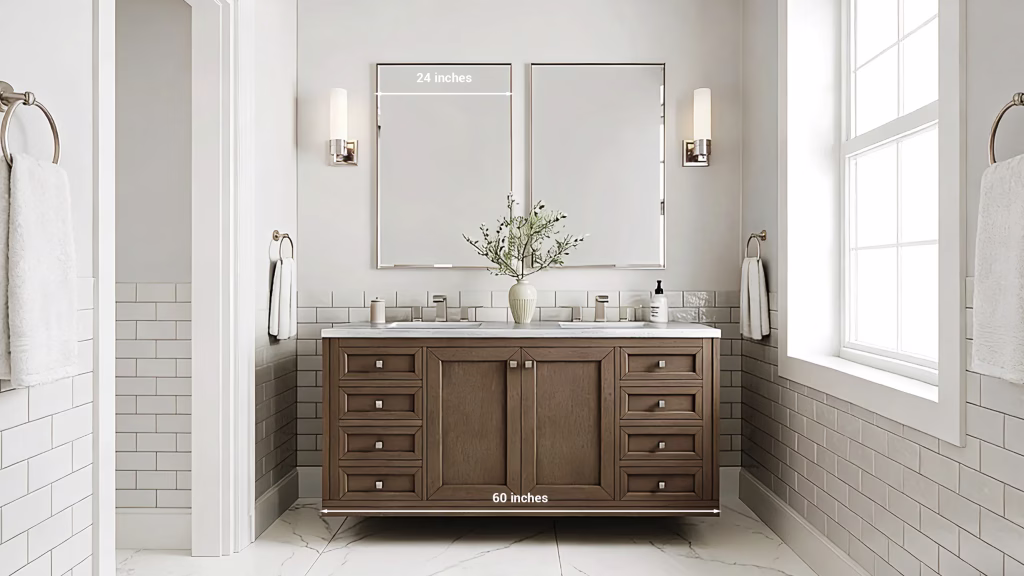 60-inch double-sink vanity with either a single large mirror (54–58 inches wide) centered above it or two separate 24-inch mirrors over each sink; mirror bottom noted at or below 40 inches from the floor to meet ADA guidance.

Select 58 more words to run Humanizer.