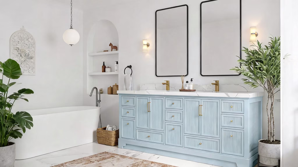 Double blue bathroom vanity with white or cream walls and light marble tops for a balanced, elegant, and high-end look.