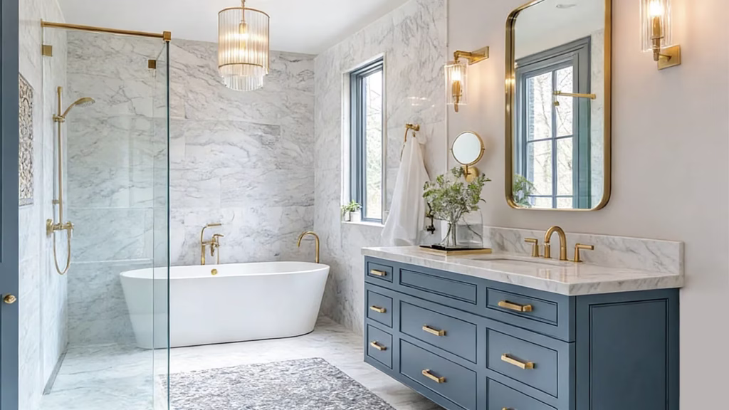Navy blue bathroom vanity against soft grey walls for a modern, sleek, and sophisticated bathroom design.