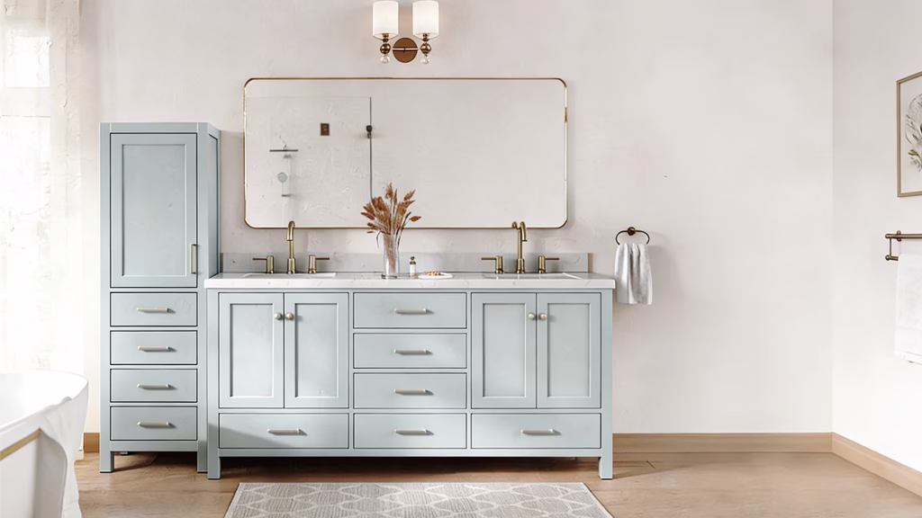 Navy blue bathroom cabinets with crisp white, pale sage, or soft blush walls for a stylish and balanced look.