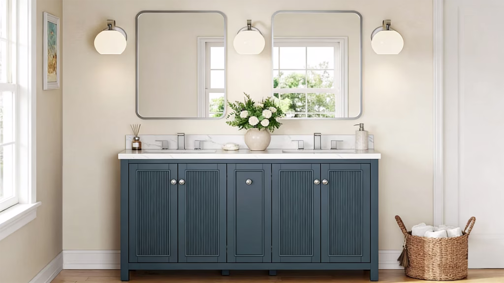 Light blue bathroom vanity with clean, clear tones, avoiding bright yellows and dark browns for a fresh, professional look.
