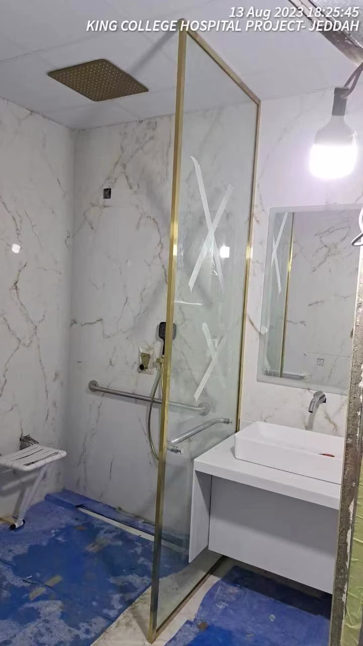 Full bathroom suite integration reference with vanity shower and accessories