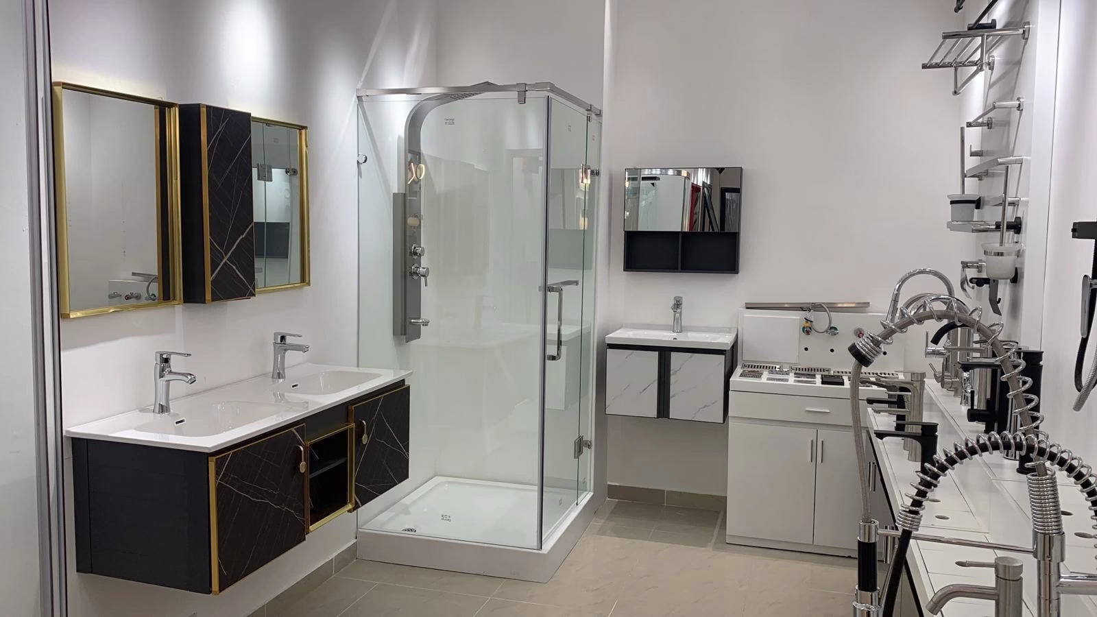 Luxury villa bathroom reference with custom vanity and premium fixture matching