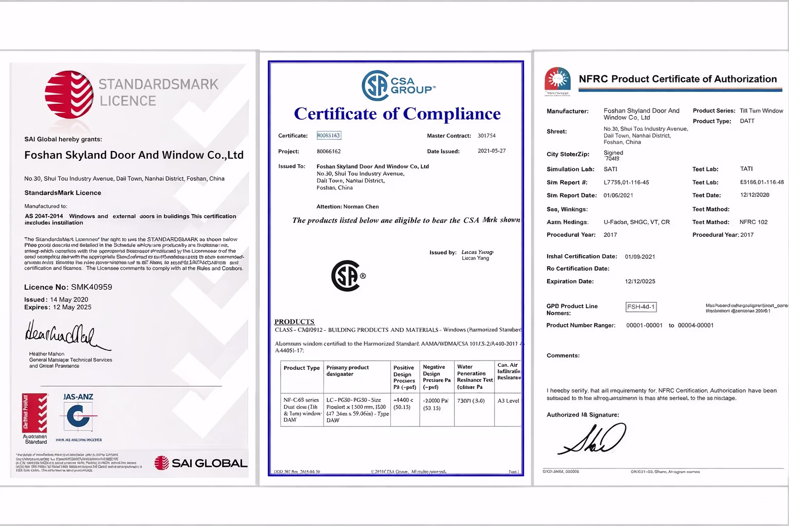George Group China window compliance and certification support for AS2047, CE, NFRC, AAMA, and ASTM impact-rated options