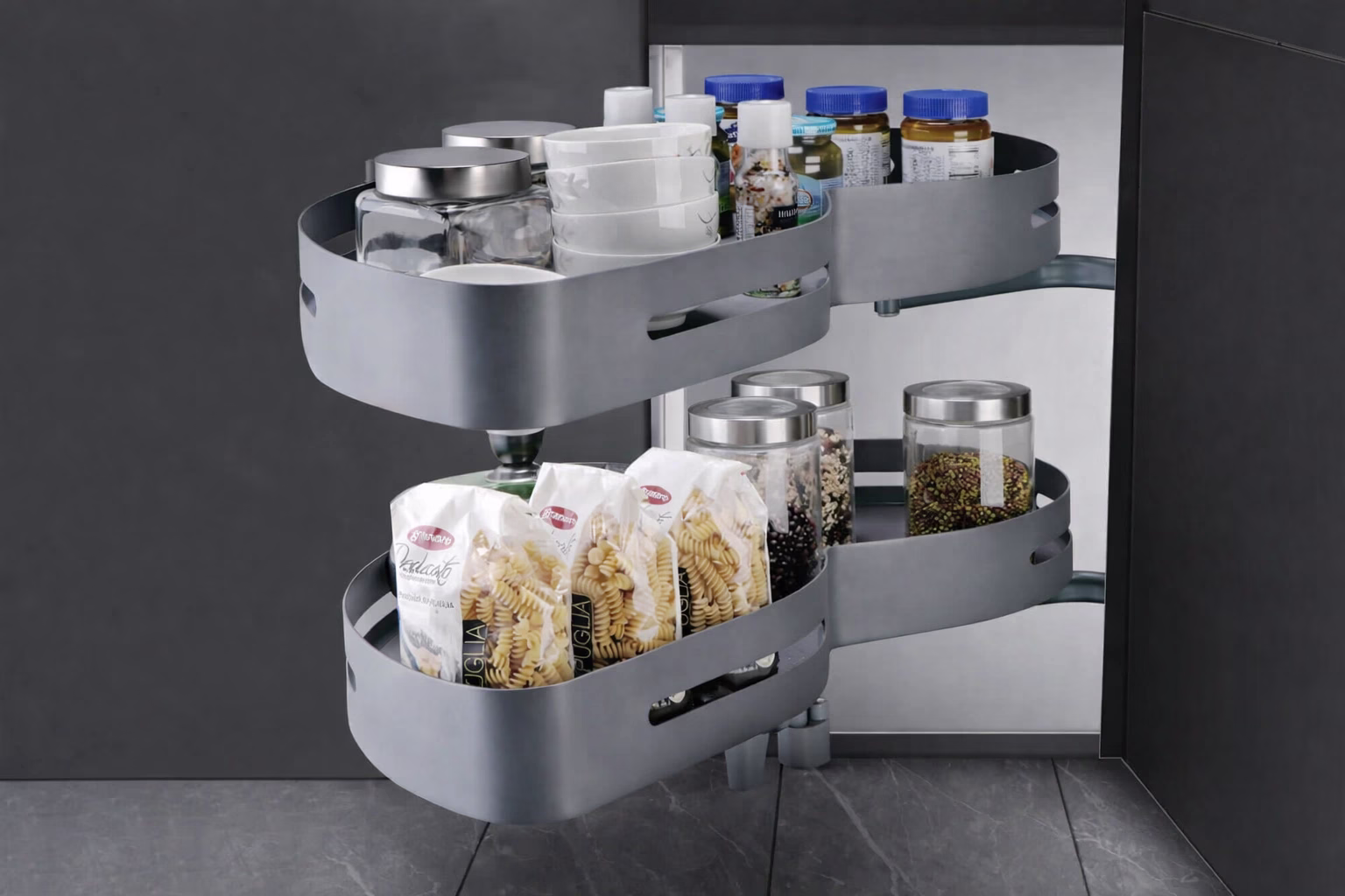 Magic Corner pull-out trays for L-shaped and U-shaped kitchen corners by George Group China