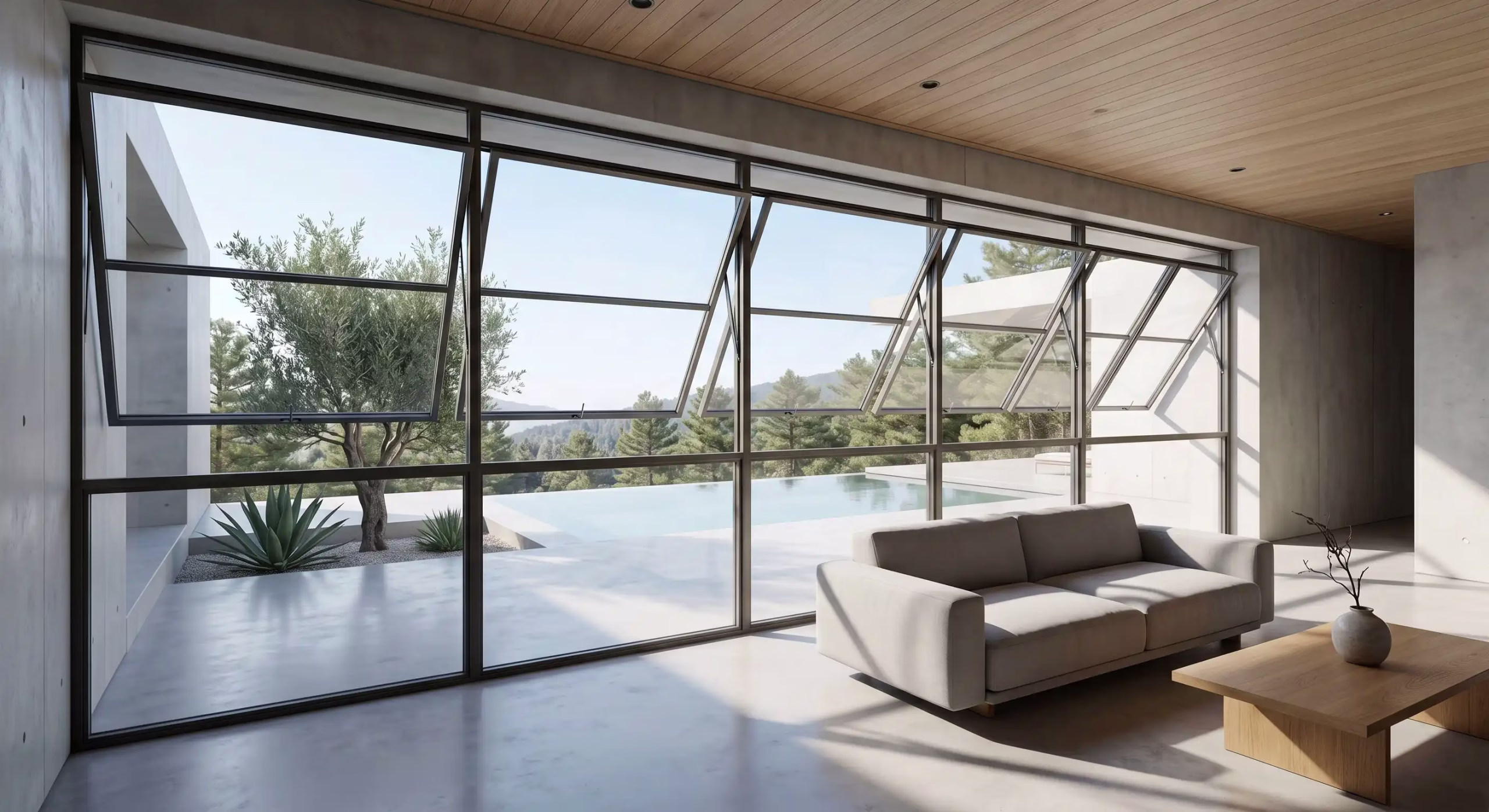 Awning windows by George Group China for rainy climates, bathrooms, kitchens, and high-wall ventilation