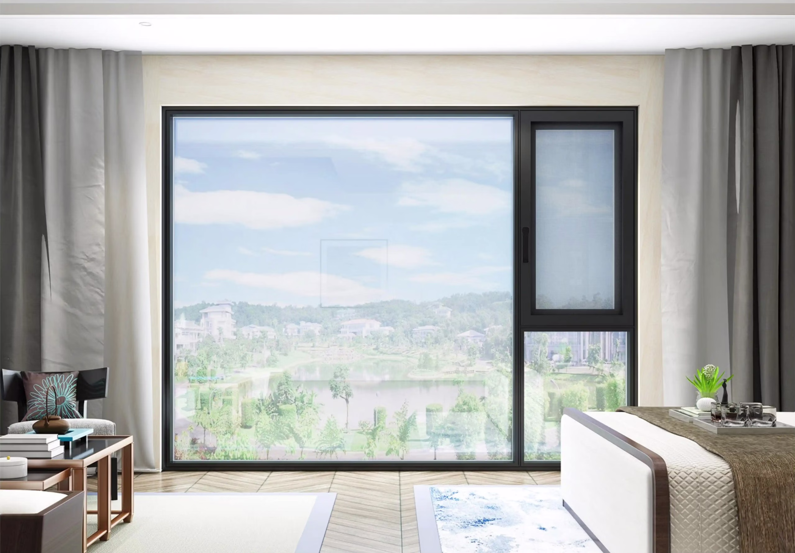 Custom combination windows by George Group China with fixed, casement, and awning units in one frame