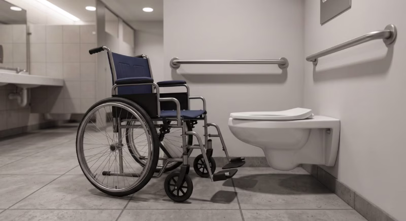 ADA bathroom toilet transfer space with grab bars and side clearance