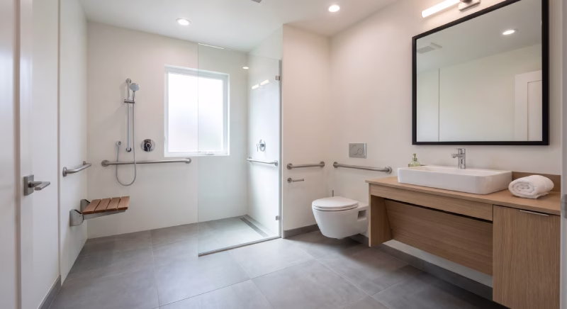 small ADA bathroom layout in residential home with wheelchair access
