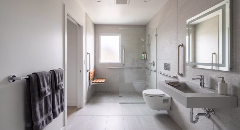 small ADA bathroom one wall layout for narrow space