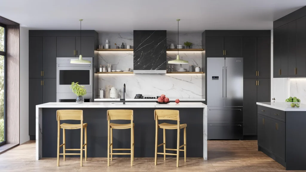 Modern hospitality kitchen showcasing charcoal grey veneer cabinets, a marble waterfall island, and solid wood barstools.