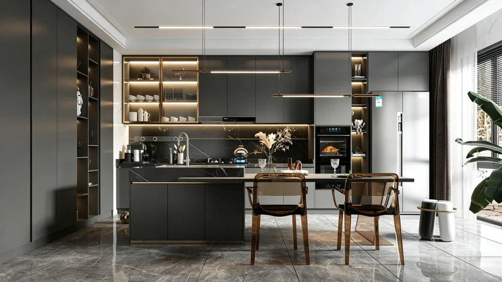 Custom matte gray kitchen cabinets with integrated appliances and a black marble island in a luxury modern villa.