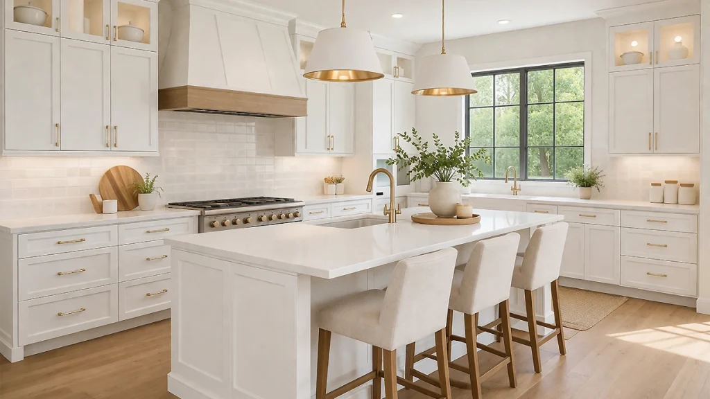 Custom warm white Shaker cabinets with unlacquered brass hardware and a large quartz island in a luxury villa kitchen.
