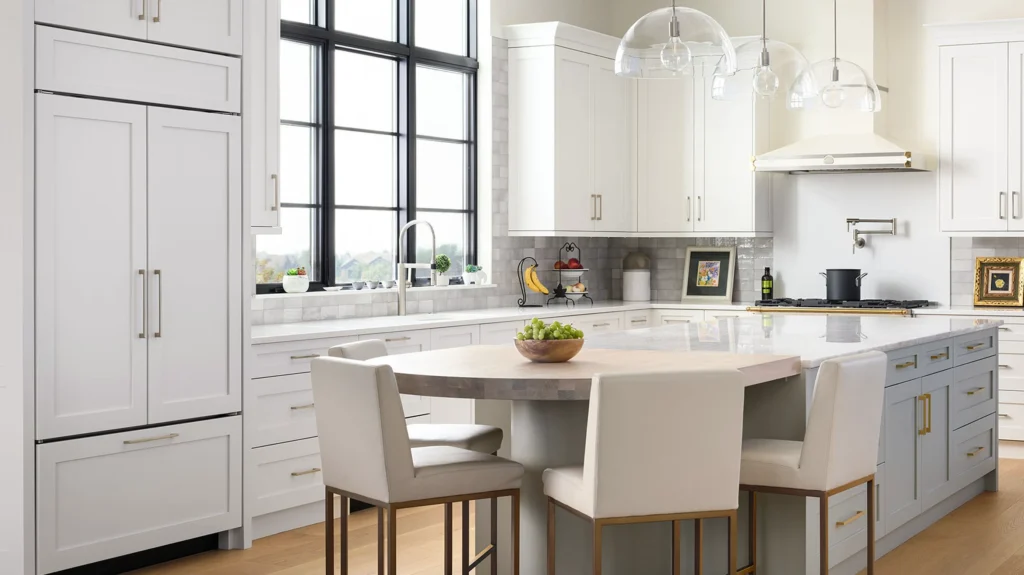 Standard height white shaker cabinets and a matching integrated refrigerator panel in a luxury villa kitchen.