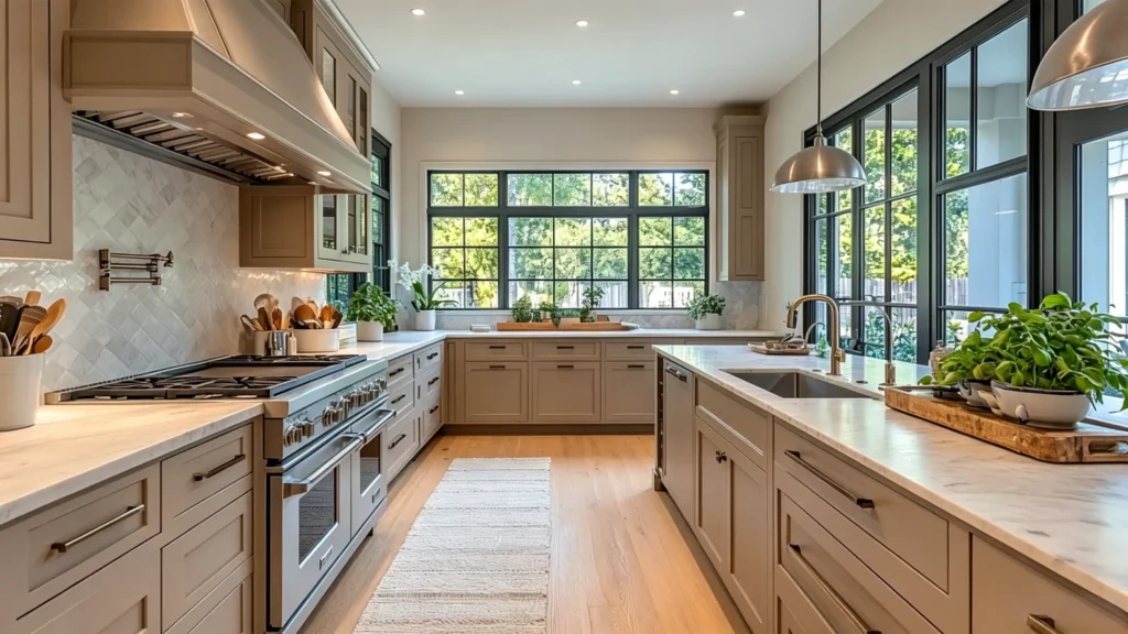 Warm taupe shaker cabinets with white marble countertops and light oak floors in a luxury villa kitchen with large black-framed windows.