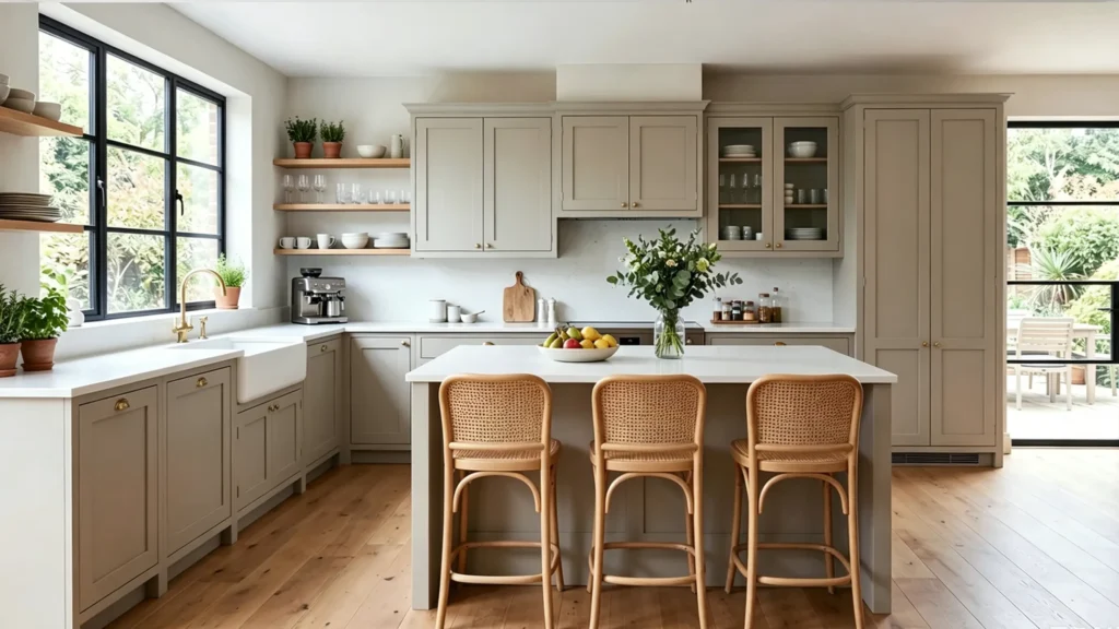 Modern villa kitchen featuring greige shaker cabinets with an empty, clean space above and woven rattan island stools.