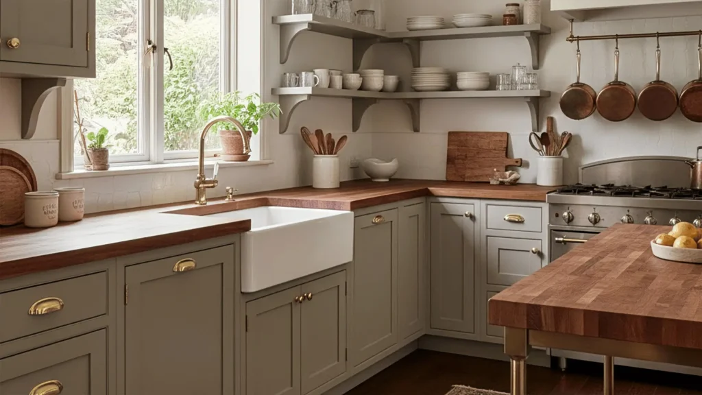 Mushroom taupe shaker cabinets with walnut butcher block countertops and a white farmhouse sink in a natural kitchen.