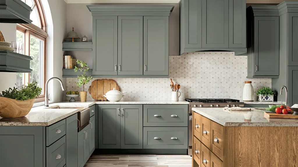 Muted sage green Shaker cabinets with silver handles, a granite countertop, and a natural wood kitchen island.