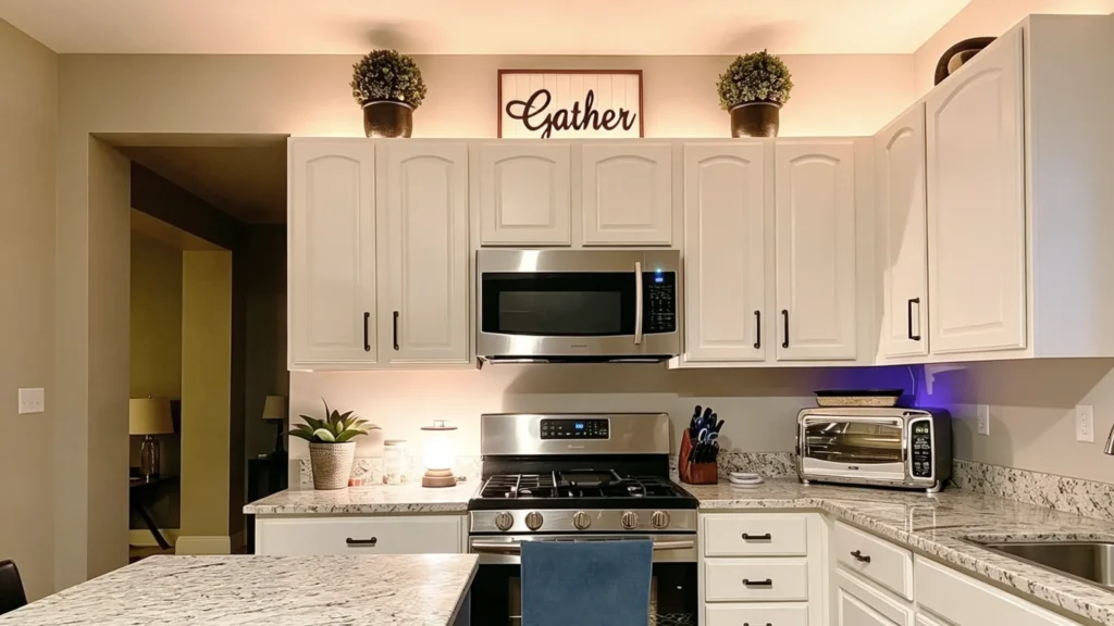 Outdated farmhouse Gather sign and small potted topiary plants on top of traditional white raised panel cabinets.