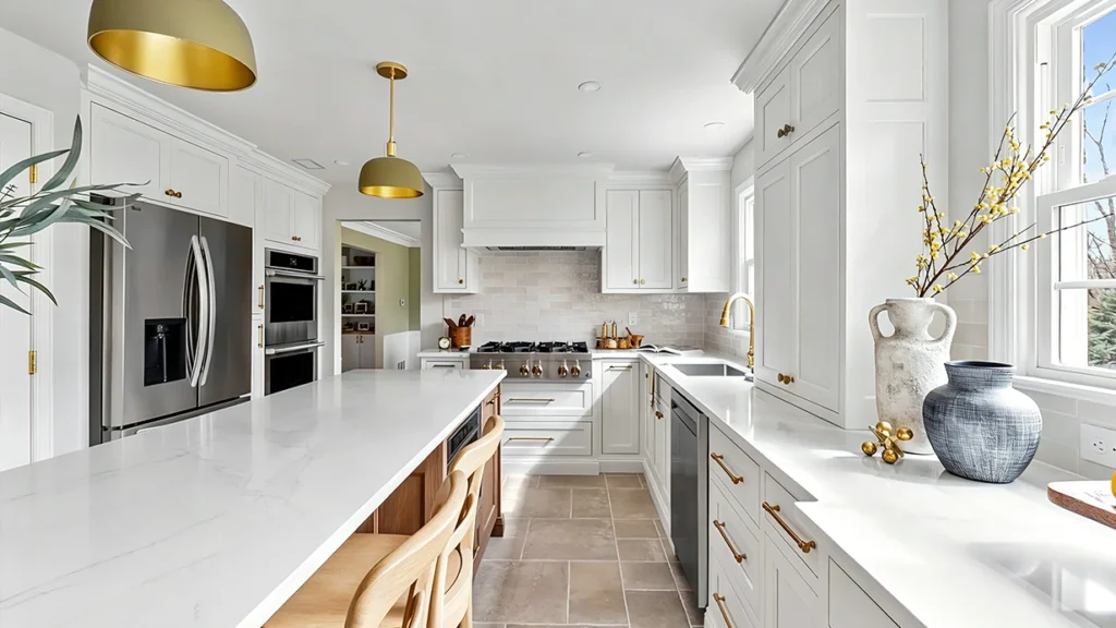 Brushed brass handles on white custom cabinets with matching gold pendant lights in a luxury villa kitchen.