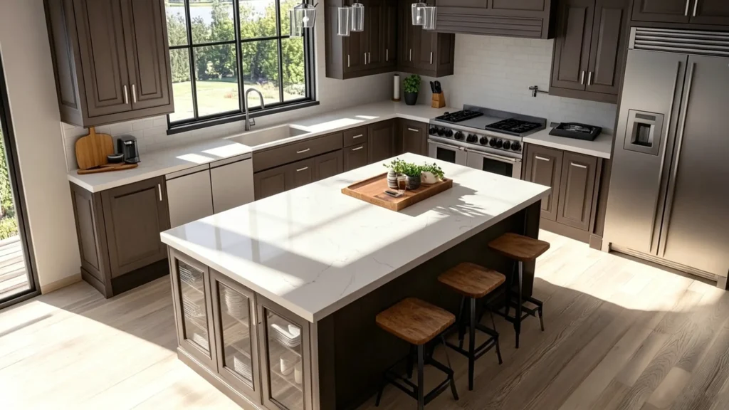 Dark taupe shaker cabinets with a white engineered quartz island and wooden stools in a high-angle luxury kitchen.