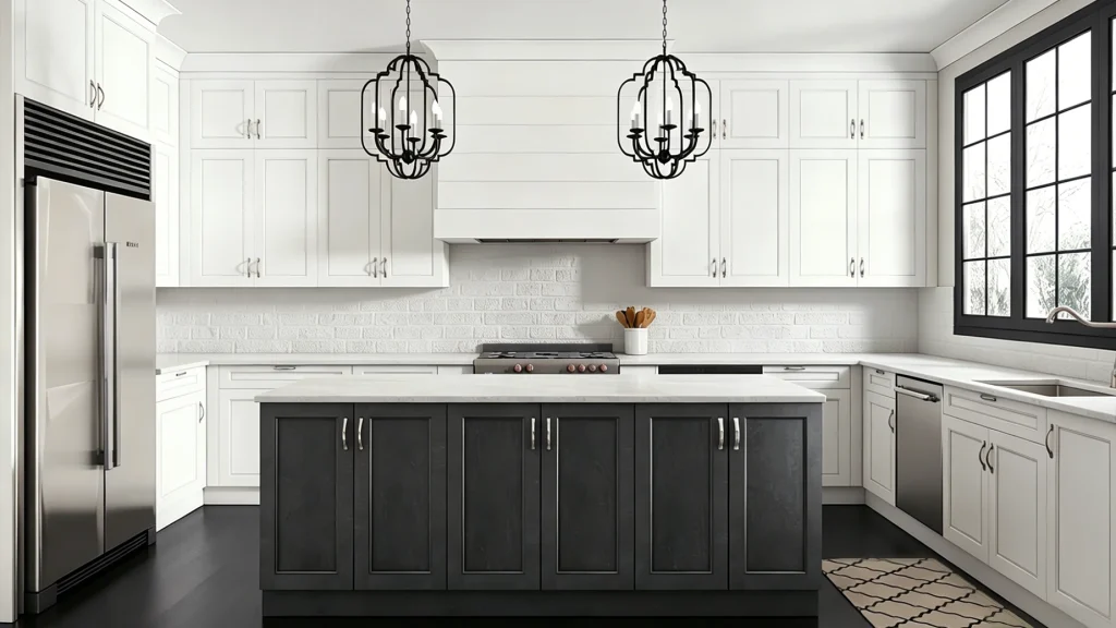 Matte charcoal black kitchen island with Shaker panels, surrounded by white custom cabinets and black pendant lights.