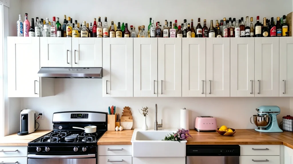 Cluttered collection of mismatched liquor bottles and jars lining the top of white shaker kitchen cabinets.