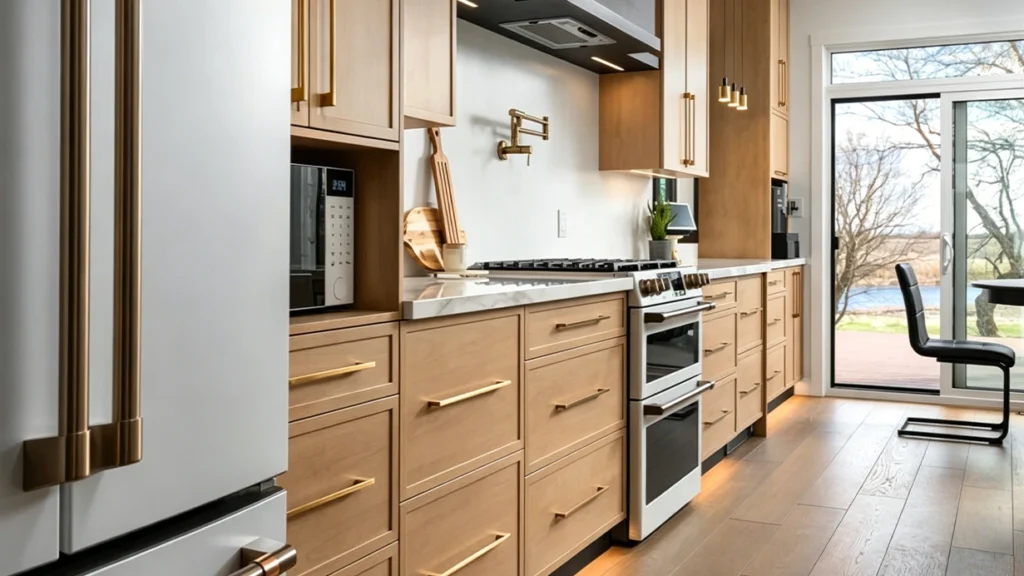 Brushed brass bar pulls on natural oak kitchen cabinets with a matching gold faucet in a luxury modern home.