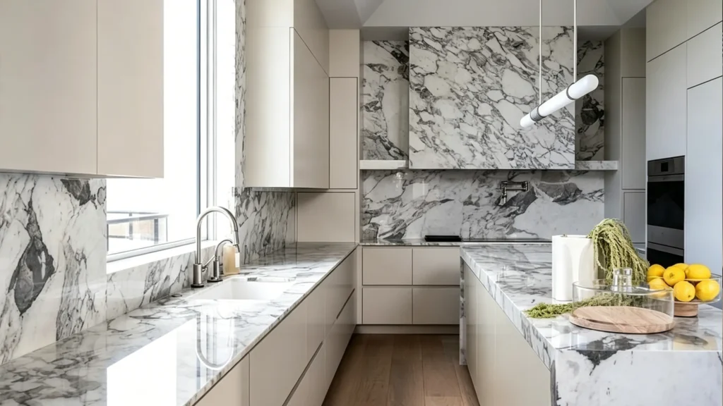 Light taupe flat-panel cabinets with dramatic marble slab backsplashes and matching quartz countertops in a luxury villa.