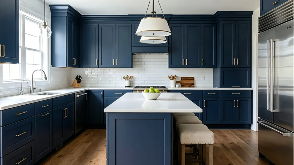 Brushed brass bar pulls on deep navy blue shaker cabinets with a white quartz island in a luxury custom kitchen.
