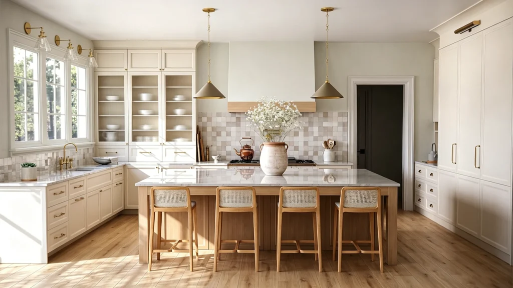 Off-white custom kitchen cabinets matching the wall color, featuring a light stone-top wood island and woven bar stools.