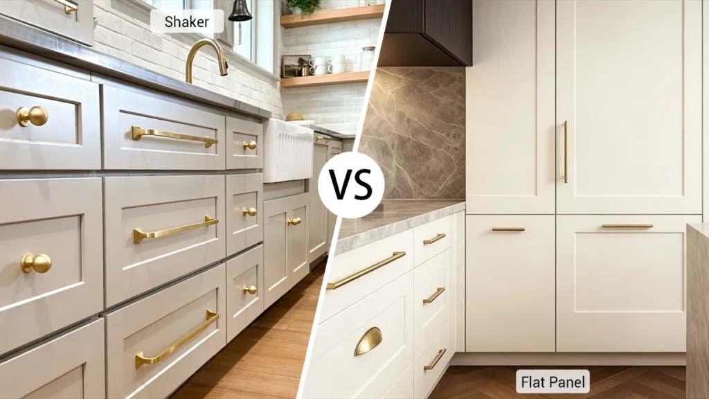 Side-by-side comparison of brushed brass hardware on gray shaker cabinets versus modern cream flat-panel doors.