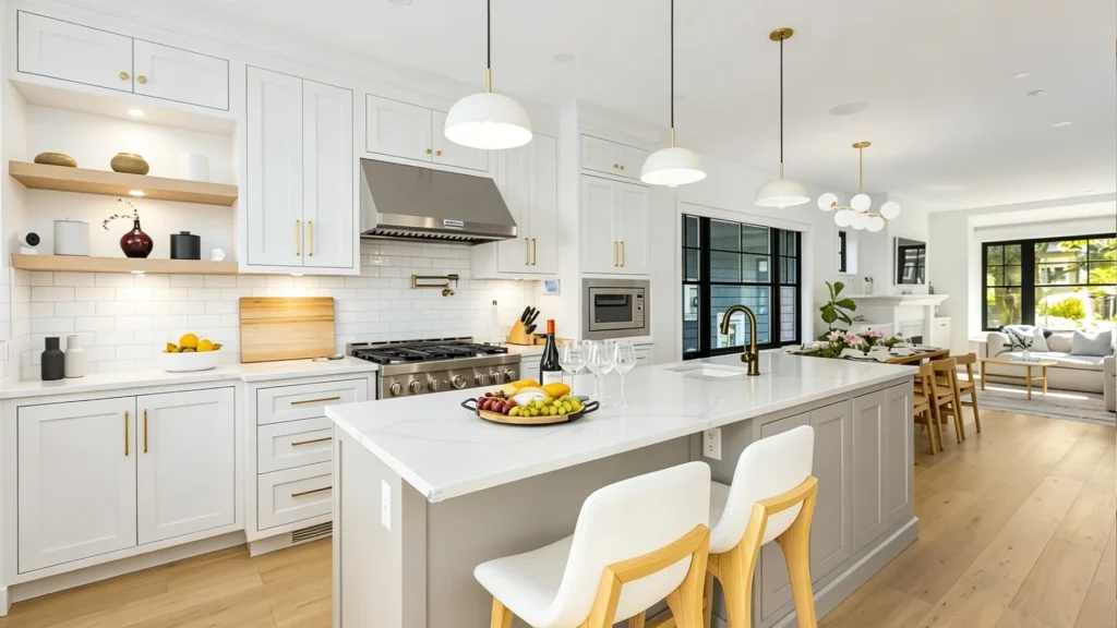 Two-tone kitchen featuring white Shaker cabinets and a light greige central island with a white quartz countertop.